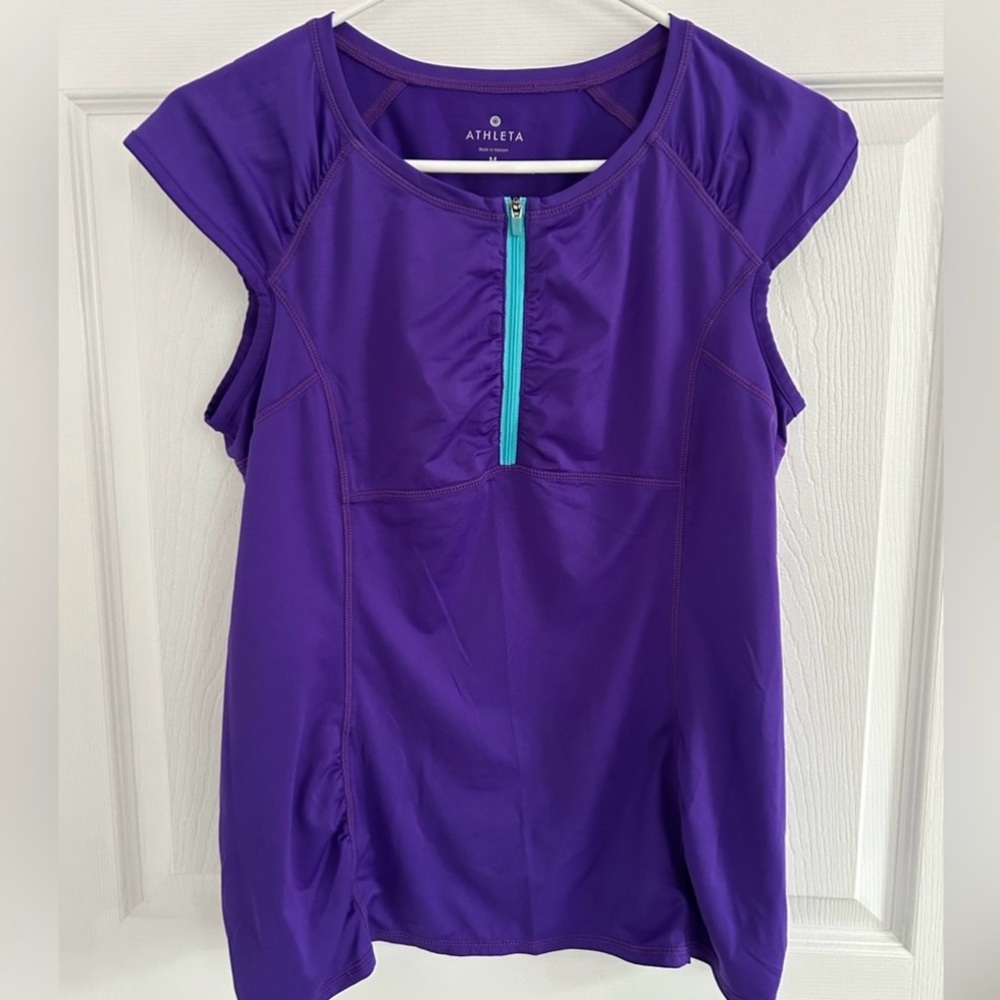 Athleta Quarter Zip | Side Ruching | Purple Active Womens Short Sleeve Top